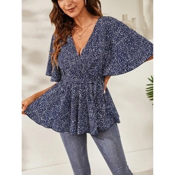 Boutique Navy Blue Dalmatian Dot Ruffle Hem Short Sleeve Top M - Picture 1 of 6